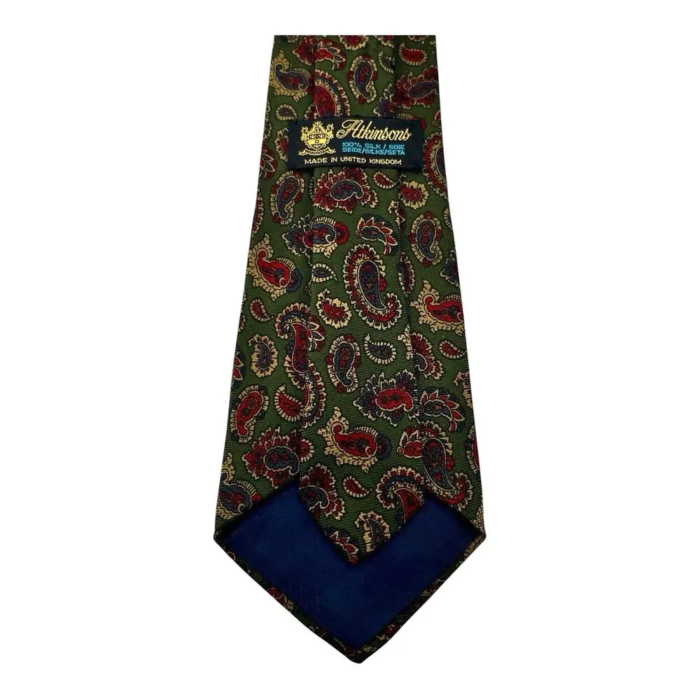 ATKINSONS Necktie Paisley Neck Tie Northern Ireland 100% Silk Green Made in U.K.